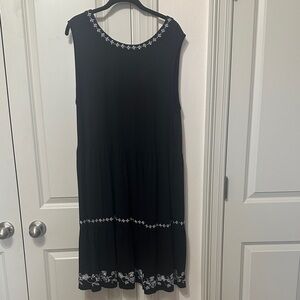 LOFT Black Sleeveless Midi Dress with White Embroidery